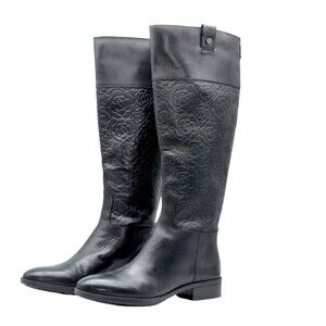 Karl Lagerfeld Paris Black Leather Embossed Roses Tall Boots Maine Sz7.5M Mint!